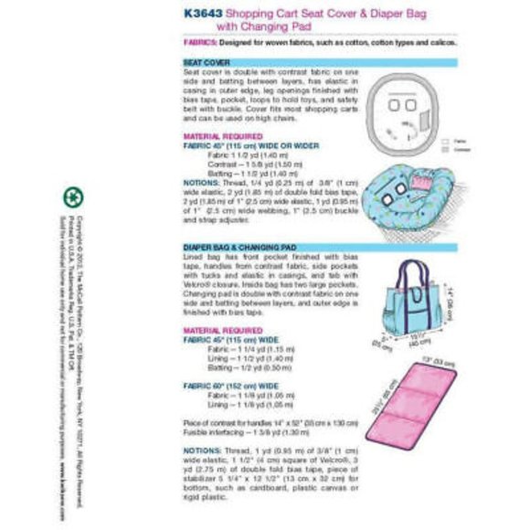 KWIK SEW Shopping Cart Cover Pattern Diaper Bag, Changing Pad K3643 - Picture 2 of 2